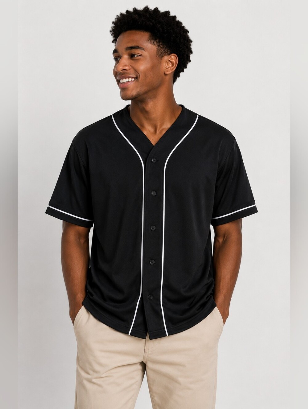FOREVER 21 Men's Black Baseball Jersey Sz M White Piping Y2K Streetwear